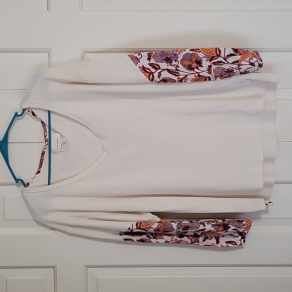 Anthropologie women's waffleknit v neck  top floral print sleeves sz S